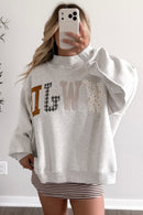 Gray WWJD Mixed Pattern Embroidered Patch Graphic Mock Neck Sweatshirt