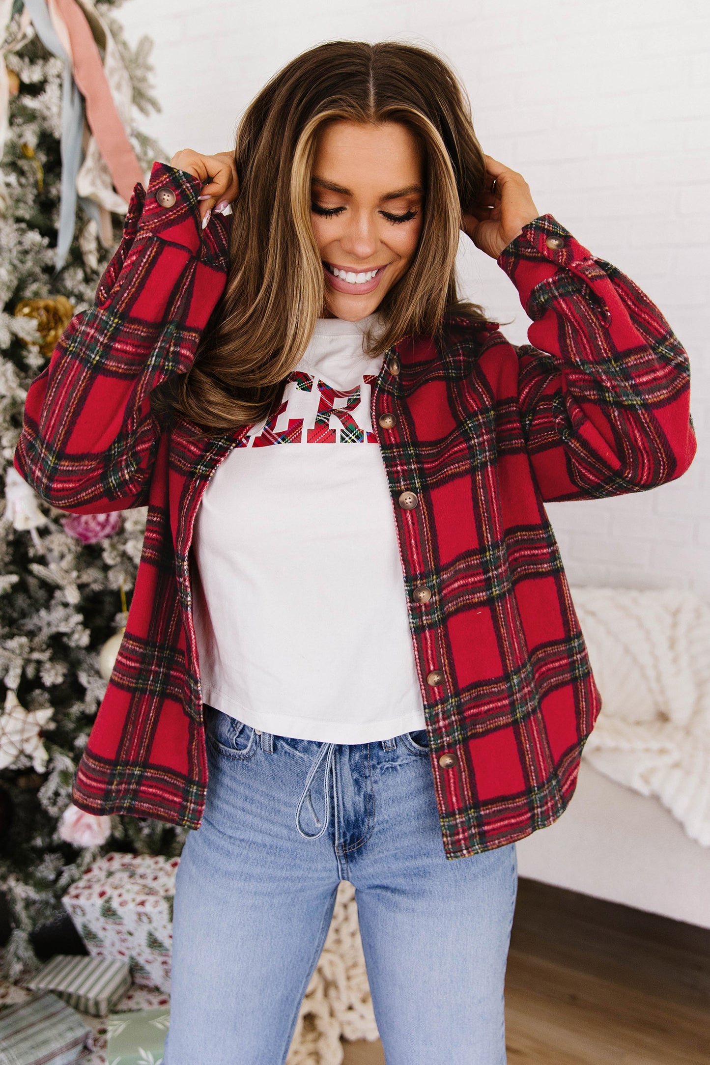 Red Plaid Button Front Shacket Outerwear