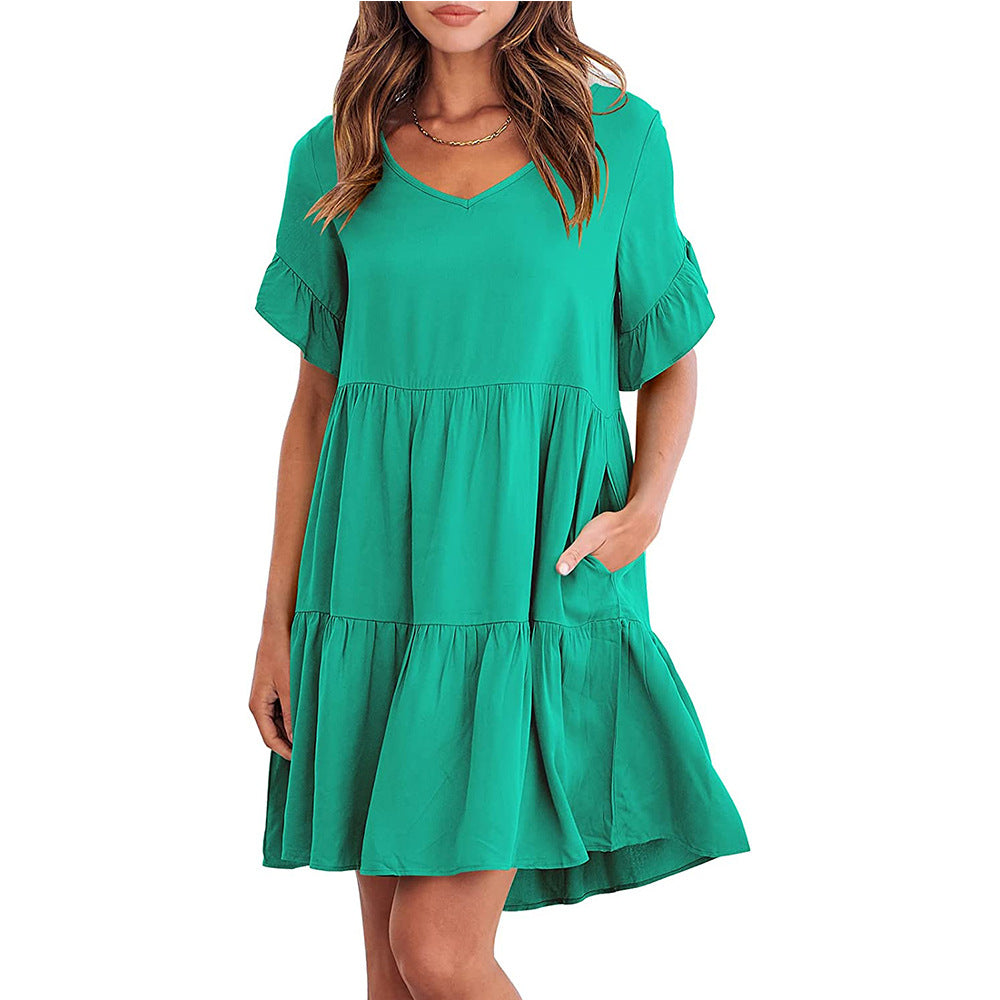 Women's V Neck Tiered Babydoll Dress – Loose Fit Ruffle Sleeve Summer Casual Mini Dress