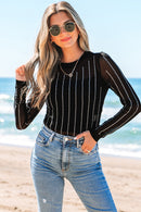 Black Rhinestone Decor Striped Mesh Long Sleeve Bodysuit