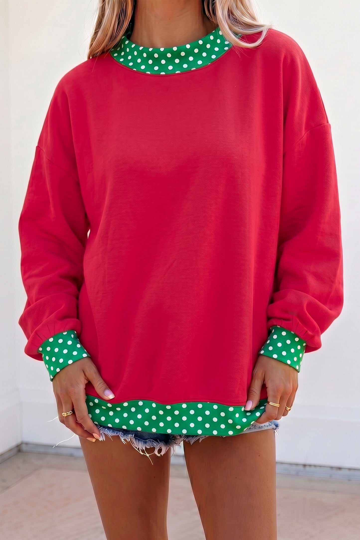 Orange Colorblock Polka Dot Contrast Trim Oversized Sweatshirt