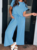 Solid Corded Knit Short Sleeve T Shirt and Wide Leg Pants Set – product view 1