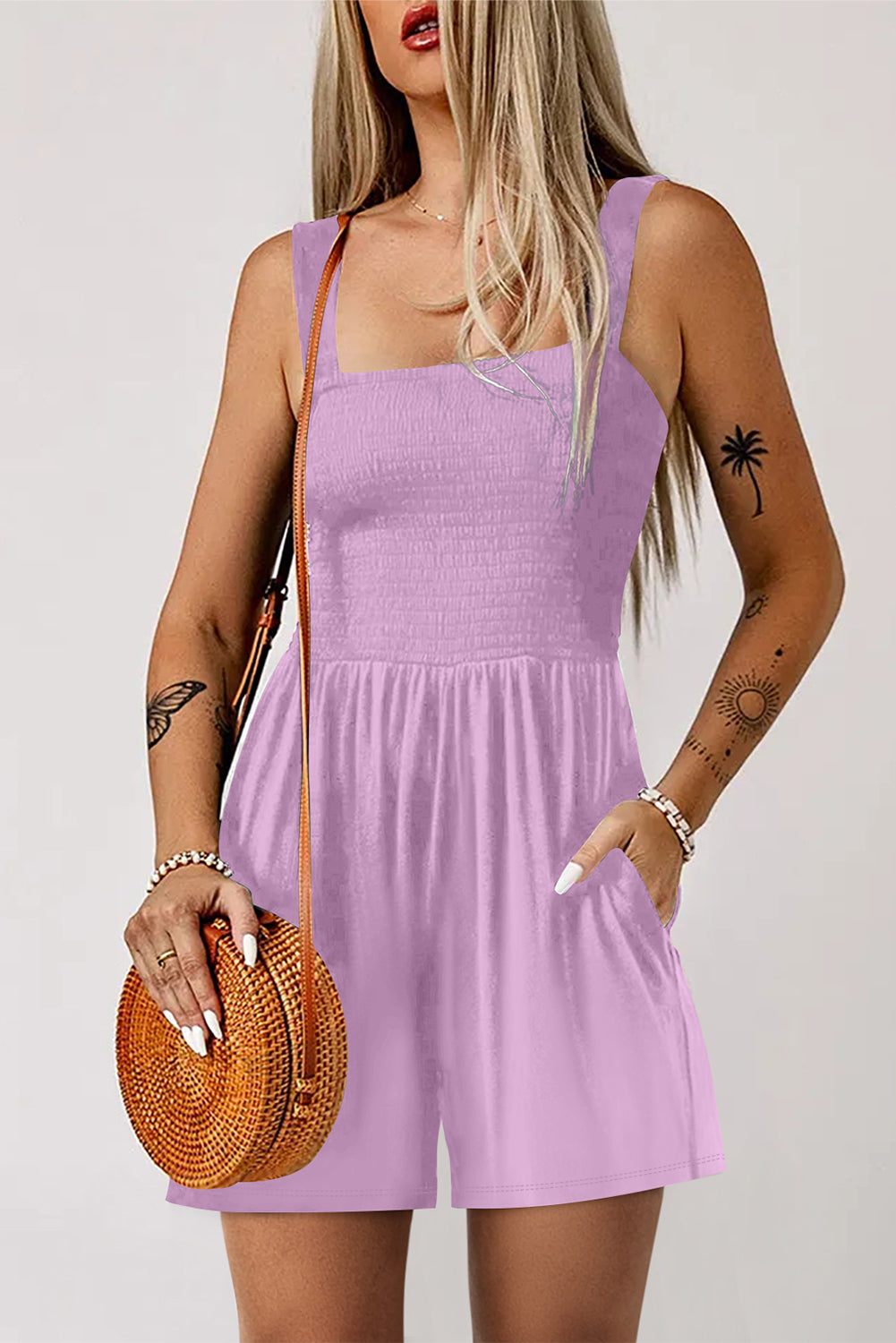 Ginger Casual Pocketed Smocked Sleeveless Romper