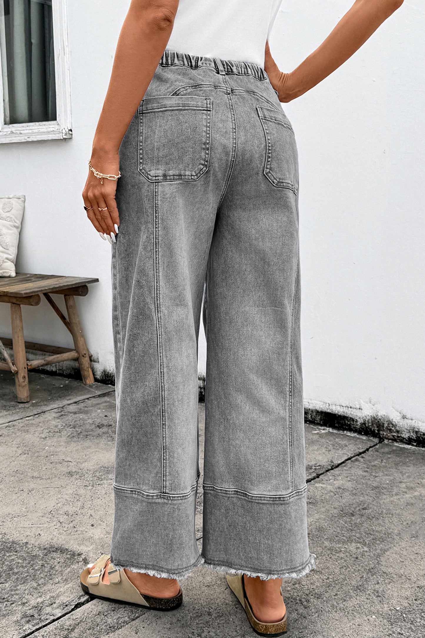 Beau Blue Drawstring Seam Detail Raw Hem Wide Leg Denim Pants
