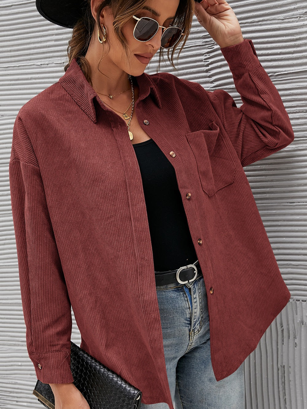 Women's Oversized Corduroy Shirt Jacket – Long Sleeve Button-Down Shacket product photo 4