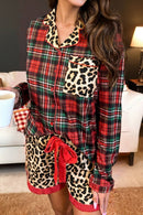 Racing Red Retro Plaid Leopard Print Patchwork Long Sleeve Shorts Pajama Set