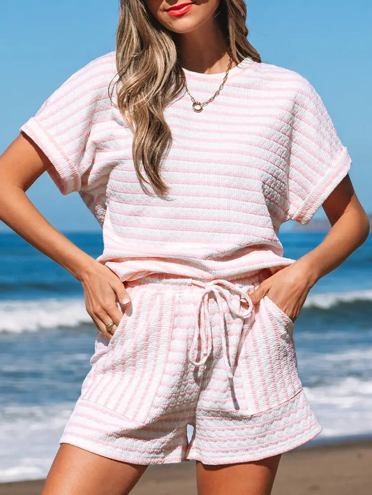 Pink Stripe Knitted Short Sleeve Top and Drawstring Shorts Set – product view 1