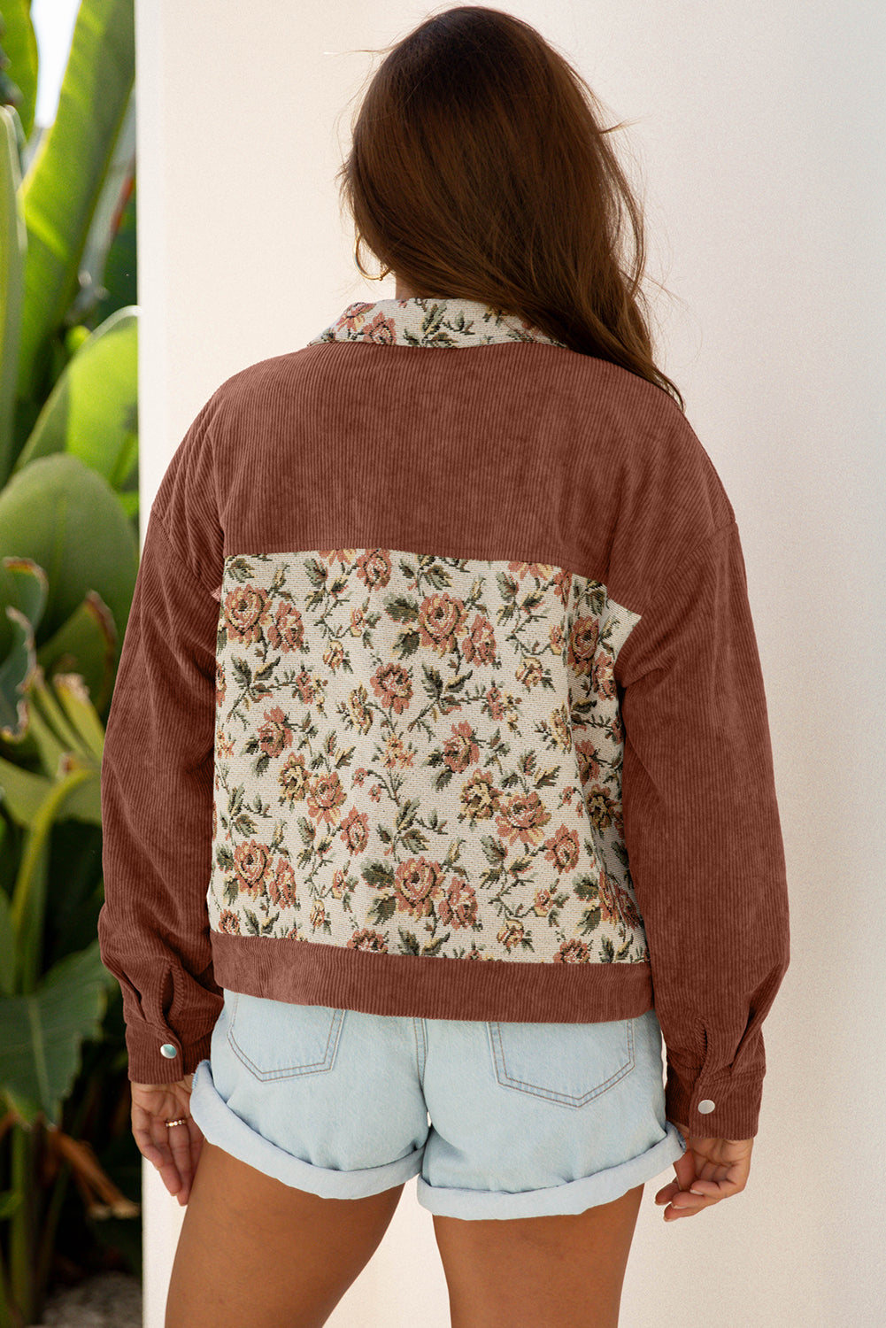 Sage Green Ribbed Retro Floral Patchwork Shirt Style Jacket