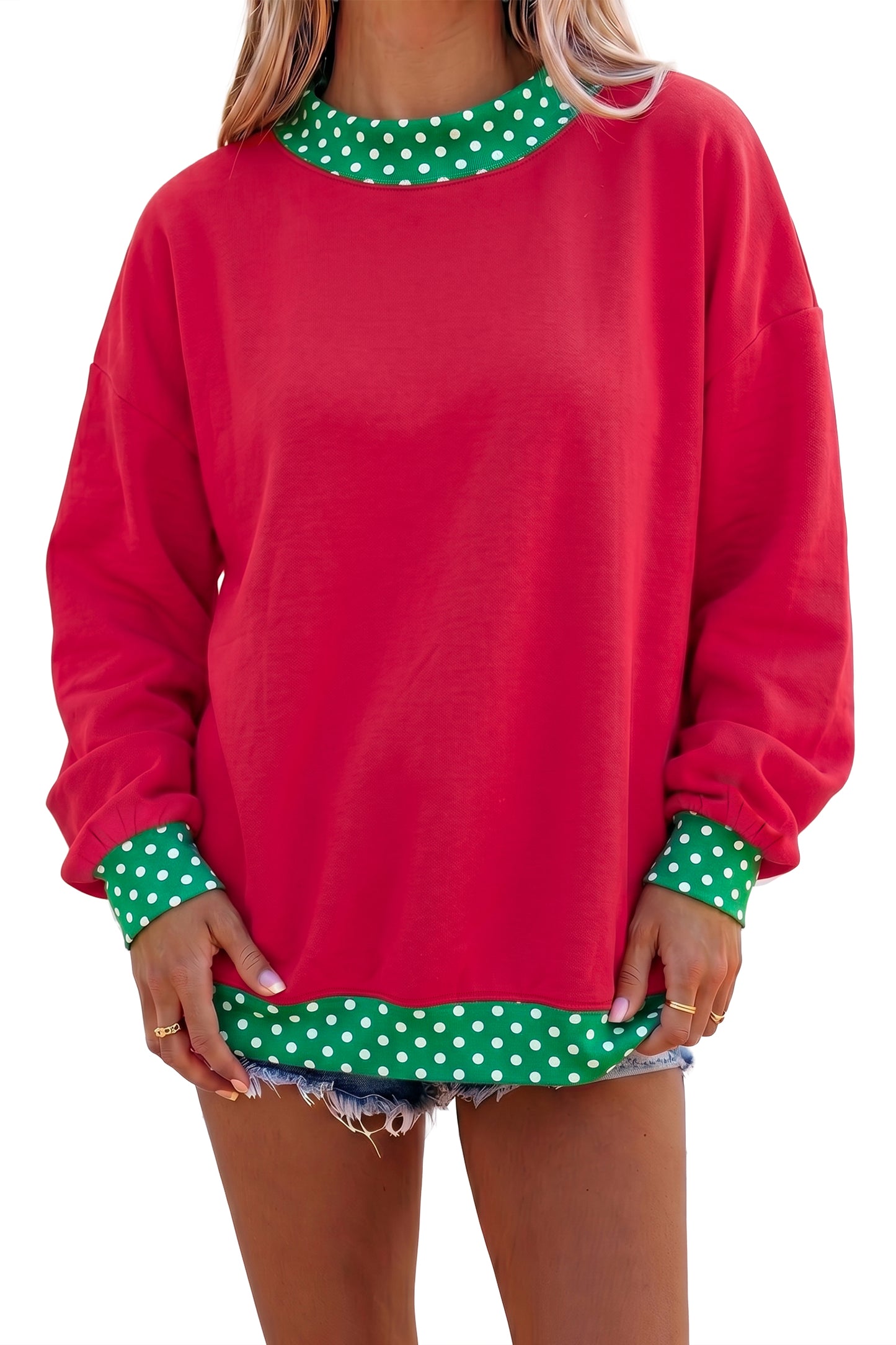 Orange Colorblock Polka Dot Contrast Trim Oversized Sweatshirt