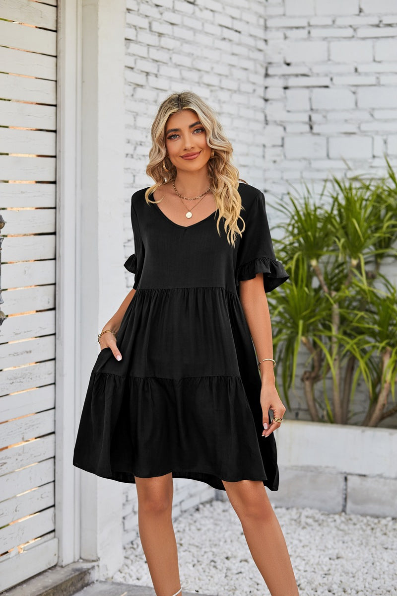 Women's Tiered V-Neck Dress – Ruffle Sleeve Casual Swing Dress image 1