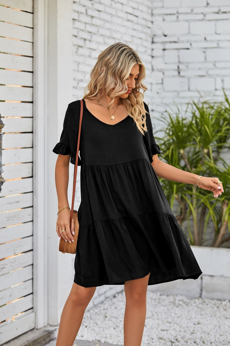 Women's Tiered V-Neck Dress – Ruffle Sleeve Casual Swing Dress image 3