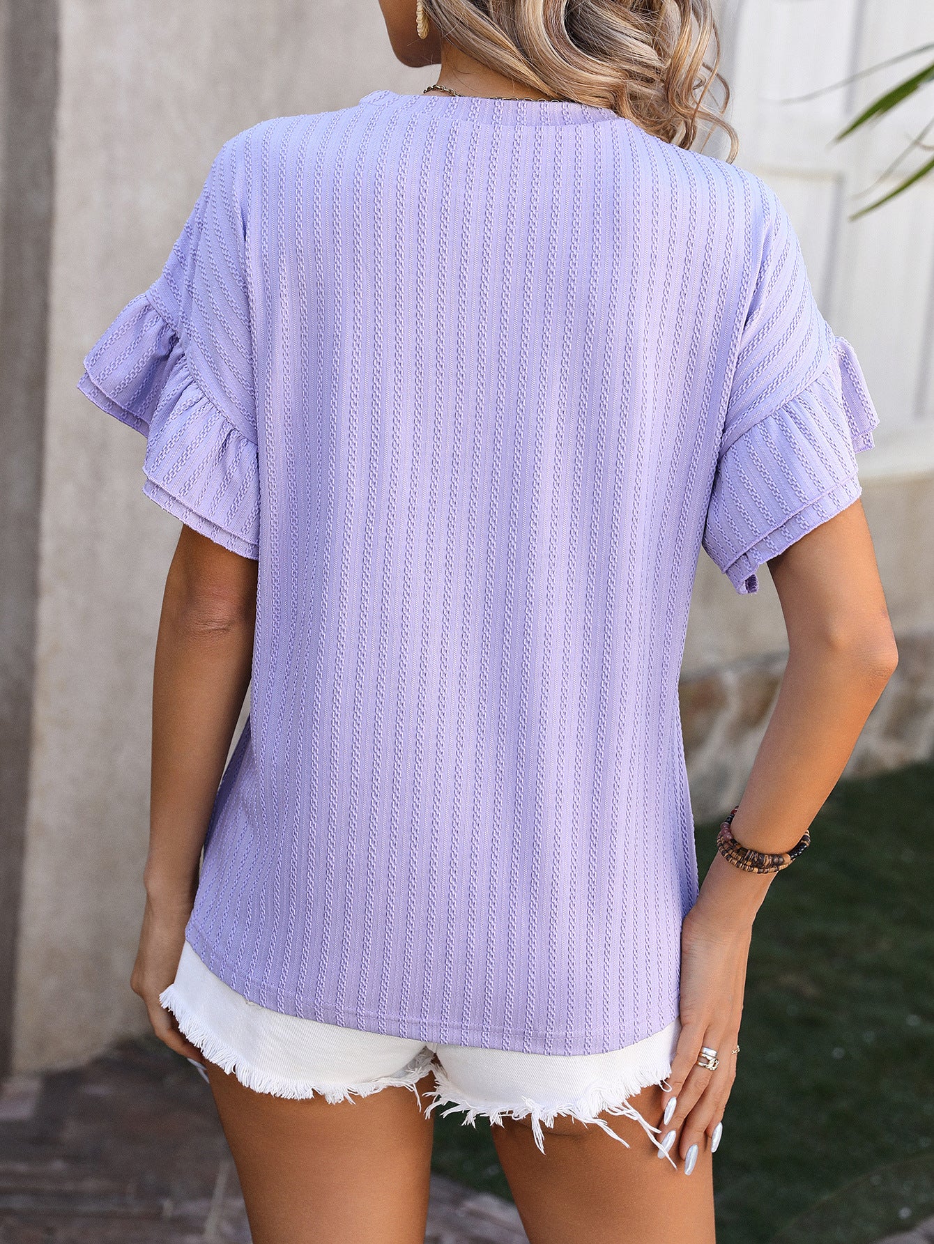 Women's Ruffle Sleeve Crew Neck T-Shirt – Relaxed Solid Summer Top product photo 3