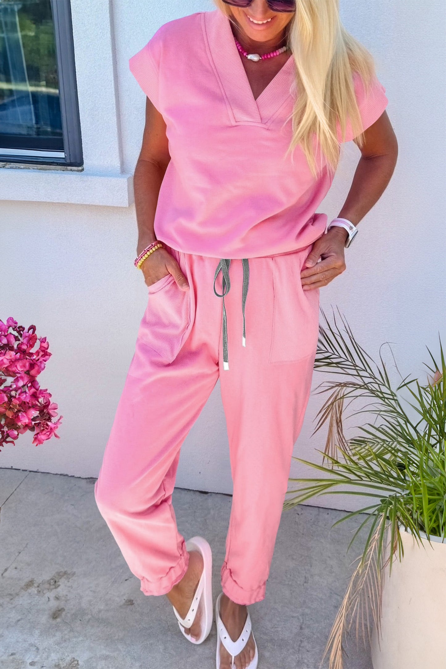 Mint Green Solid Color V Neck Tee Drawstring Pant Set