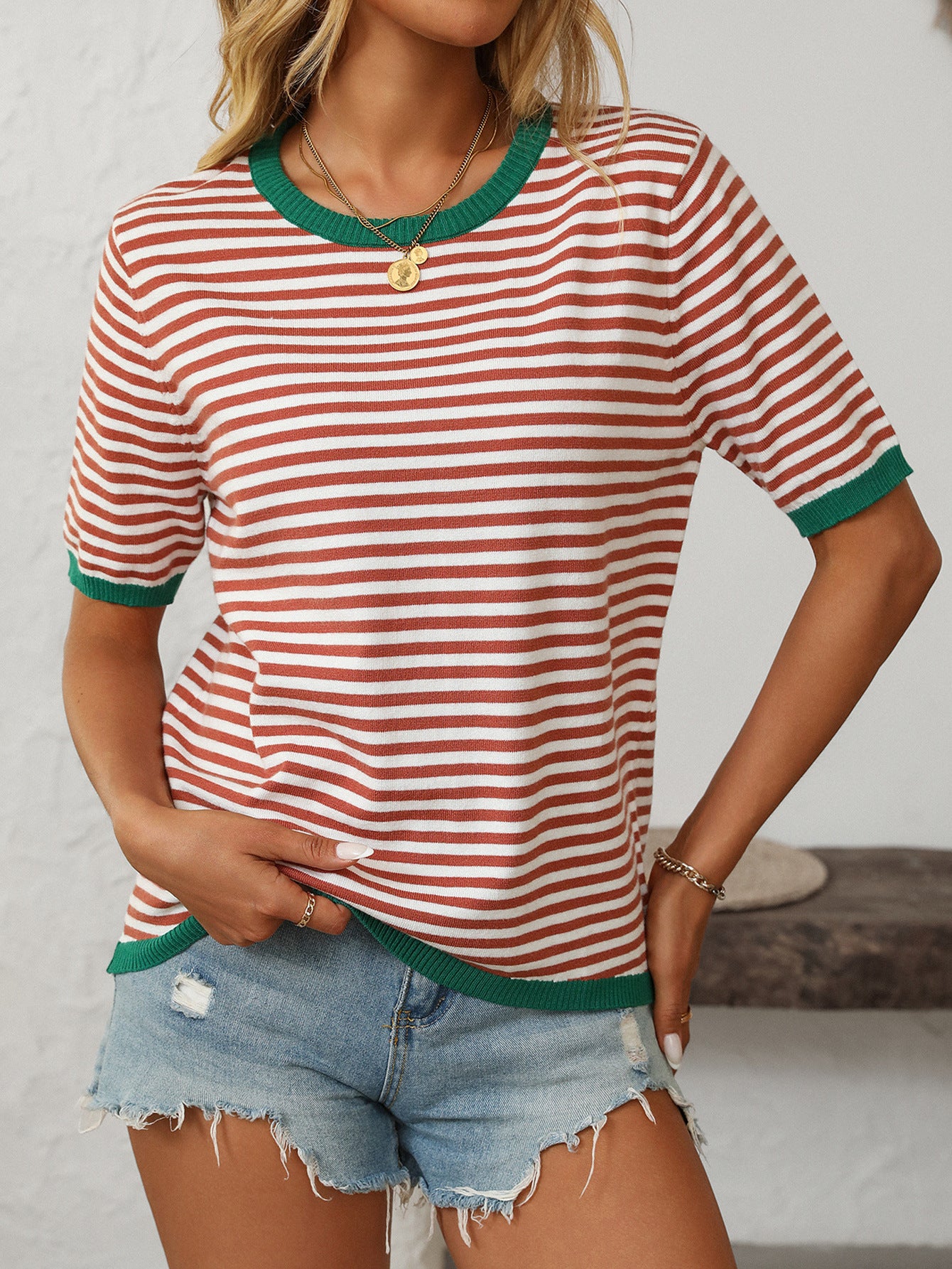 Women's Striped Color Block Short Sleeve Sweater – Crew Neck Knit Top product photo 3