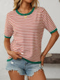 Women's Striped Color Block Short Sleeve Sweater – Crew Neck Knit Top product photo 3