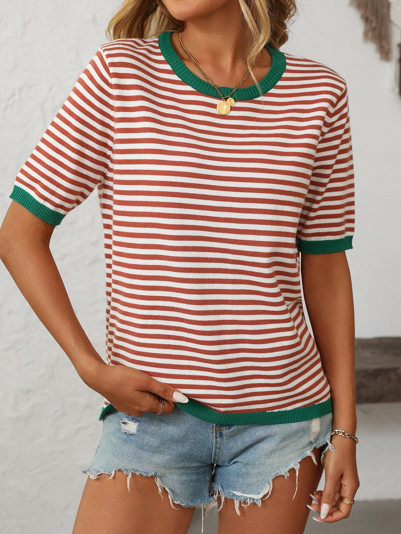 Women's Striped Color Block Short Sleeve Sweater – Crew Neck Knit Top product photo 4