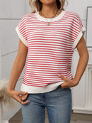 Women's Striped Short Sleeve Sweater – Contrast Crew Neck Knit Top product photo 2