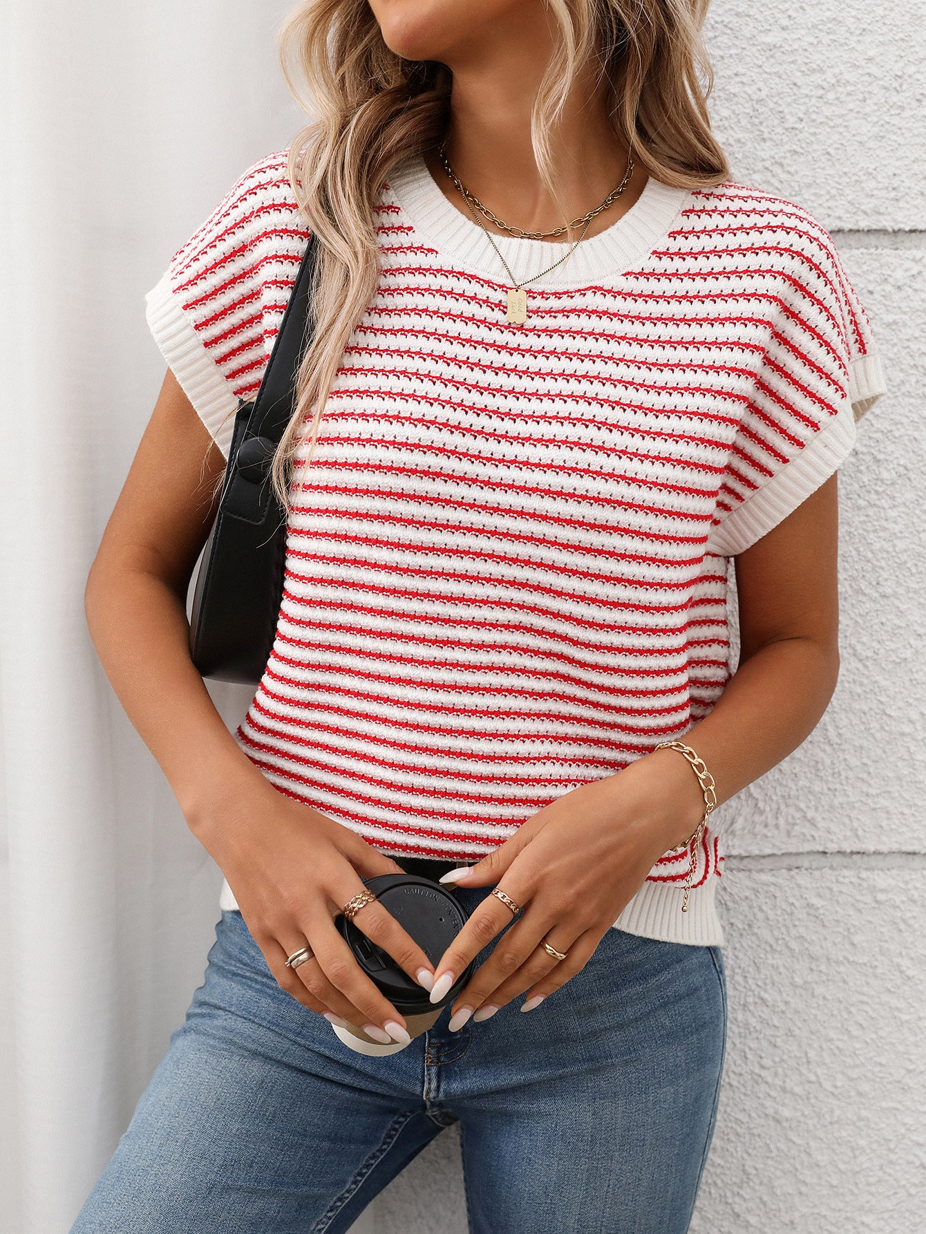 Women's Striped Short Sleeve Sweater – Contrast Crew Neck Knit Top product photo 4