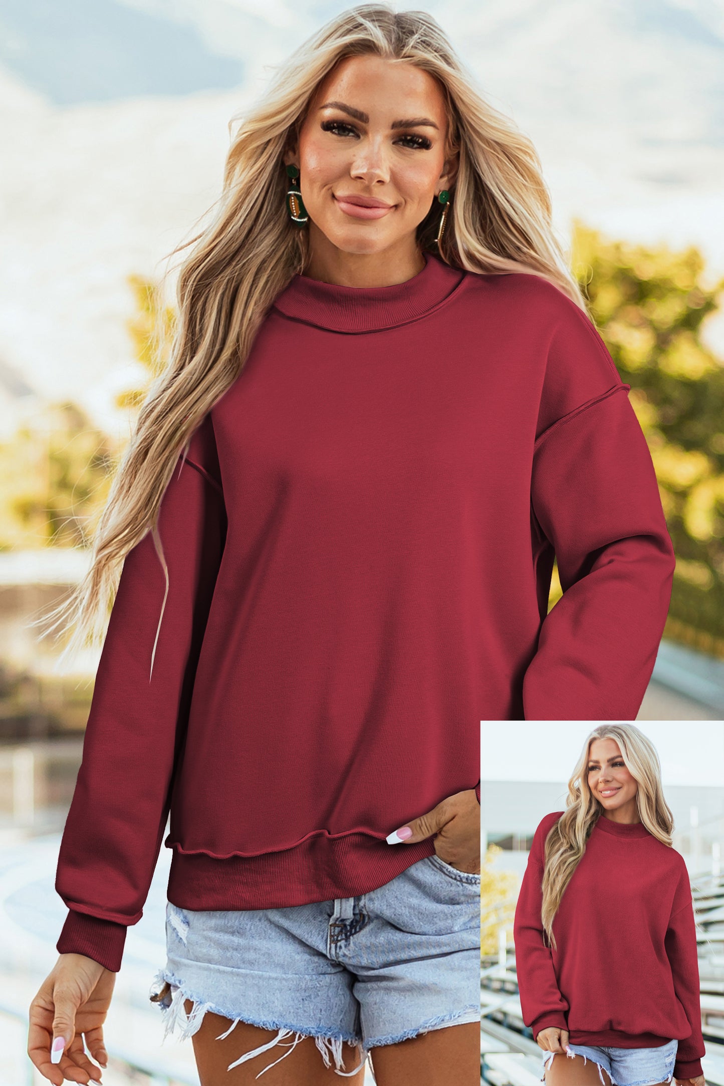 Dark Blue Oversize Drop Shoulder Reversible Mock Neck Sweatshirt