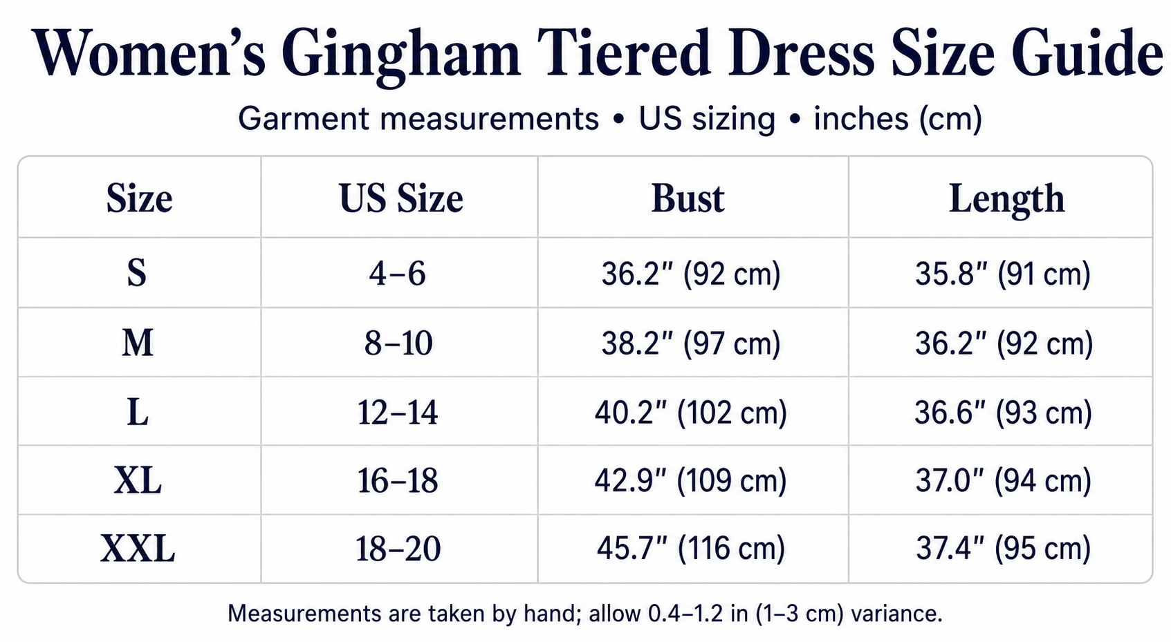 Women's US size guide with inches and centimeters