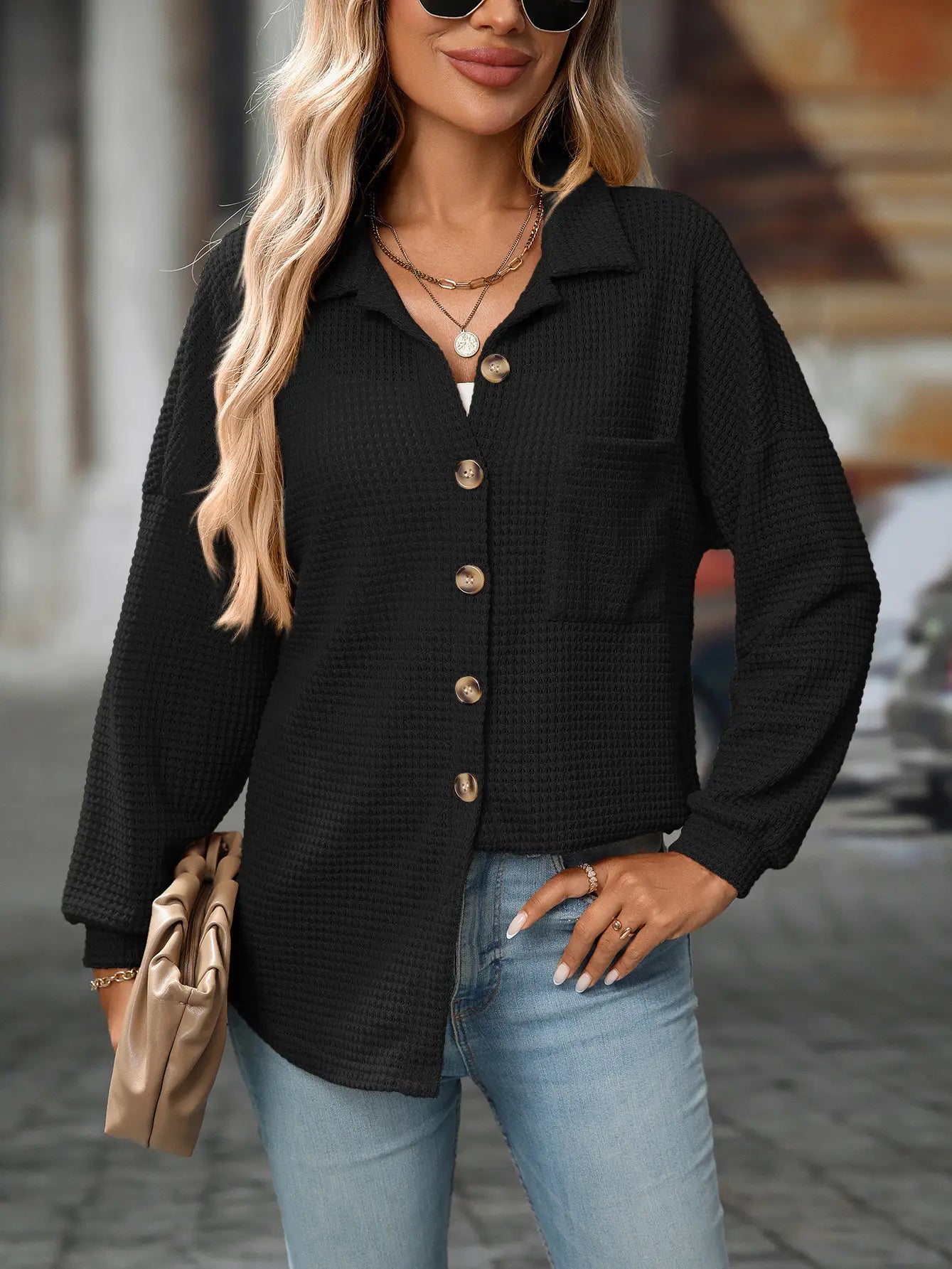 Waffle Knit Button-Up Shirt – Casual Fall Cardigan – product view 1