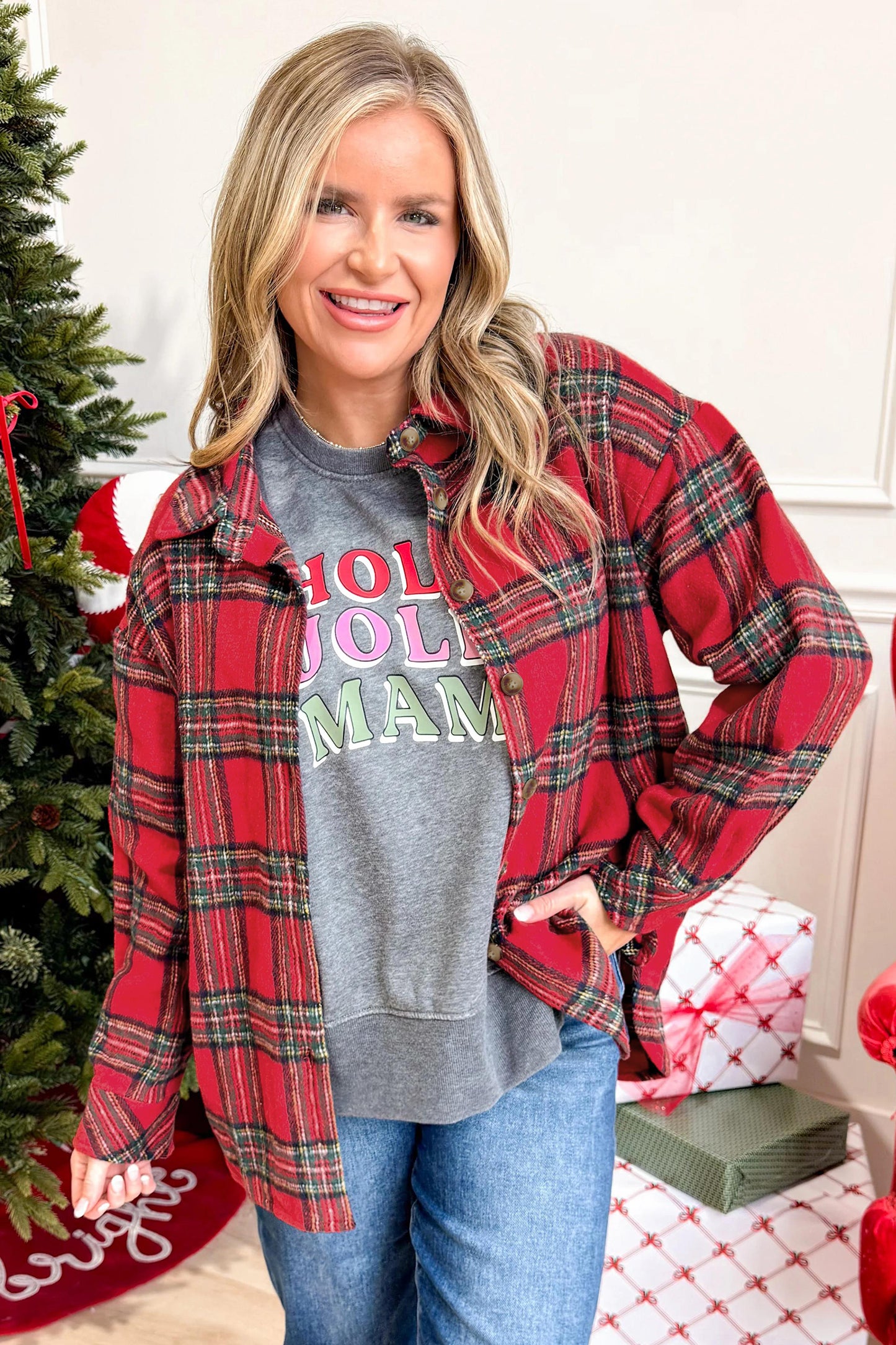 Red Plaid Button Front Shacket Outerwear