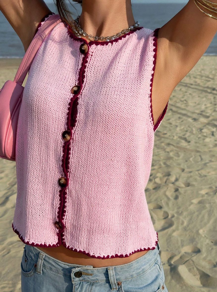 Women's Contrast Trim Knit Tank Top – Y2K Sleeveless Sweater Vest product photo 2