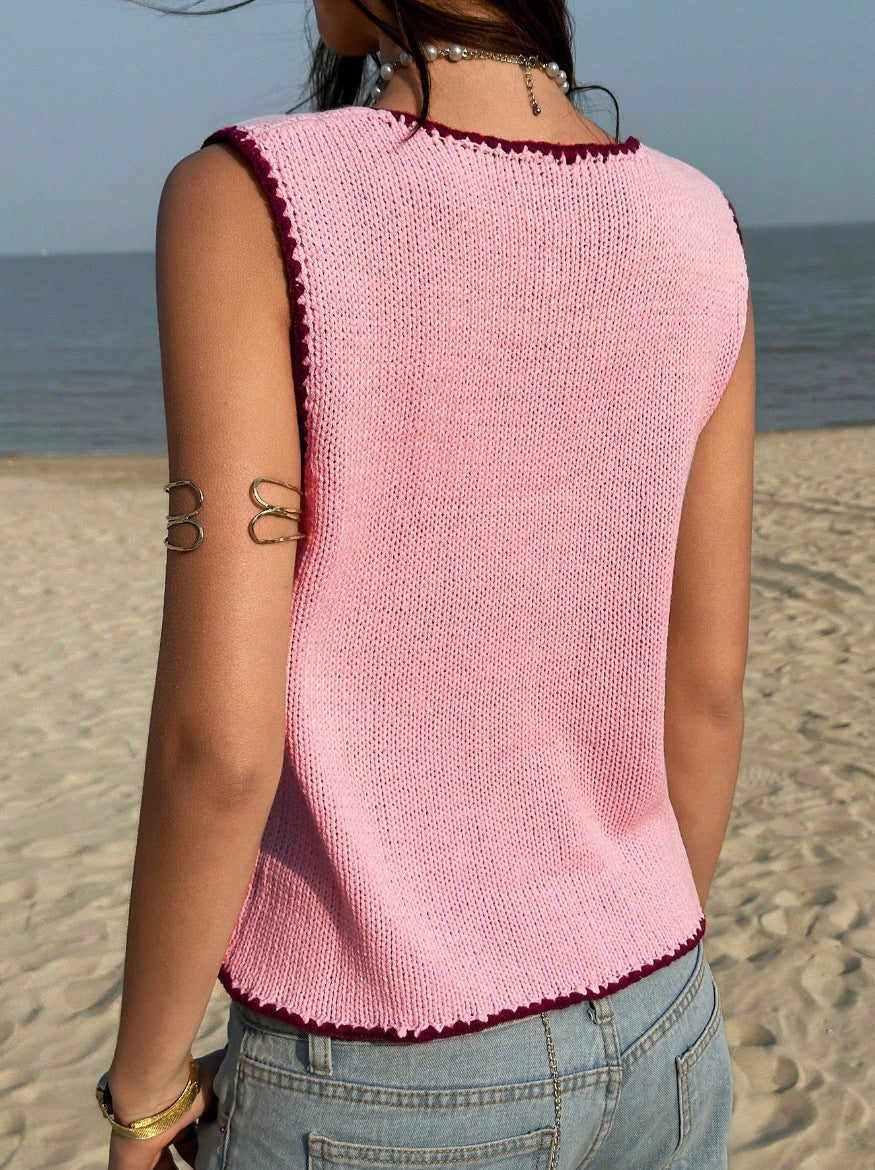 Women's Contrast Trim Knit Tank Top – Y2K Sleeveless Sweater Vest product photo 3