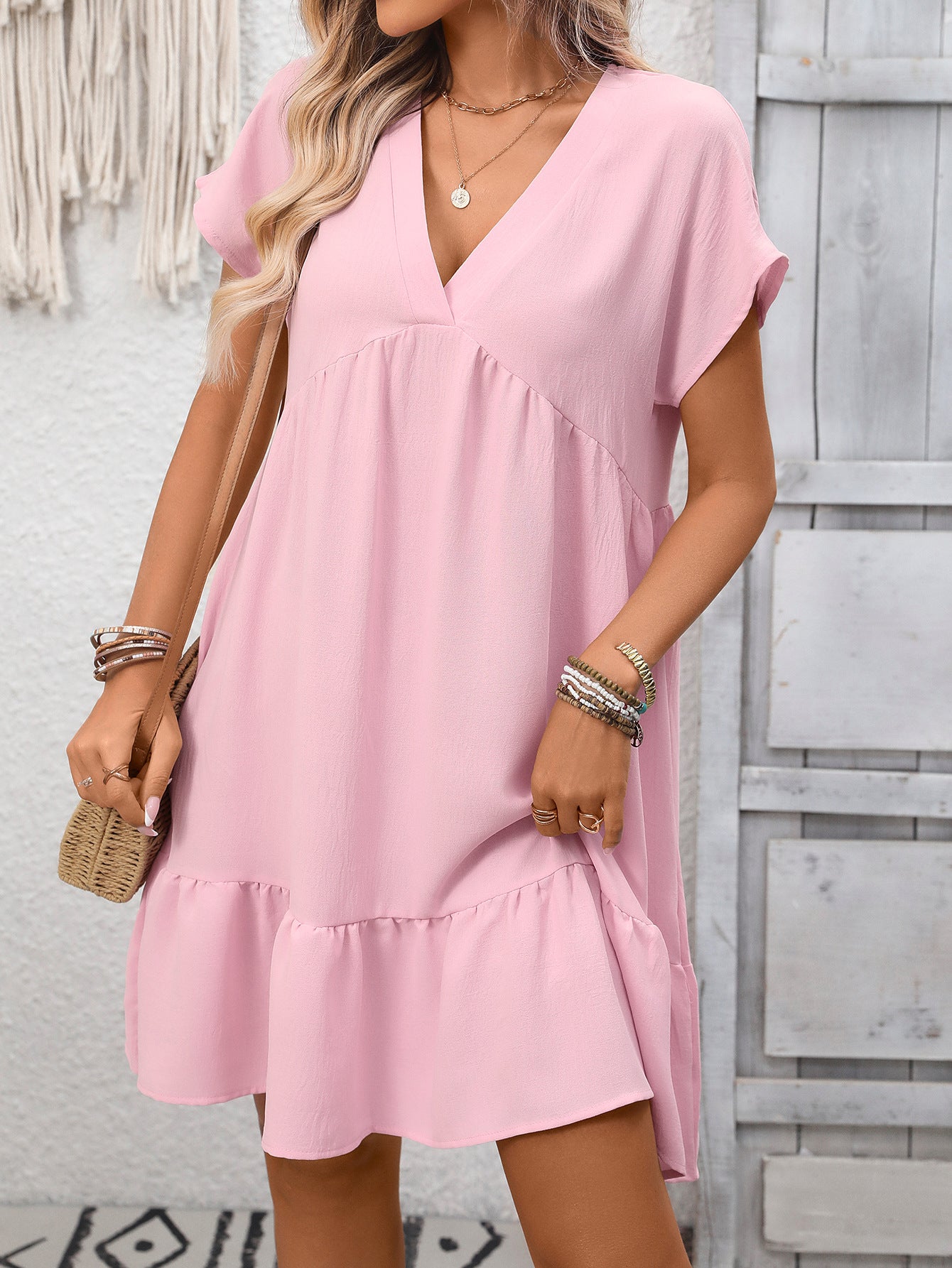 Women's Ruffle Sleeve V-Neck Mini Dress – Flowy Solid Summer Shift Dress product photo 1