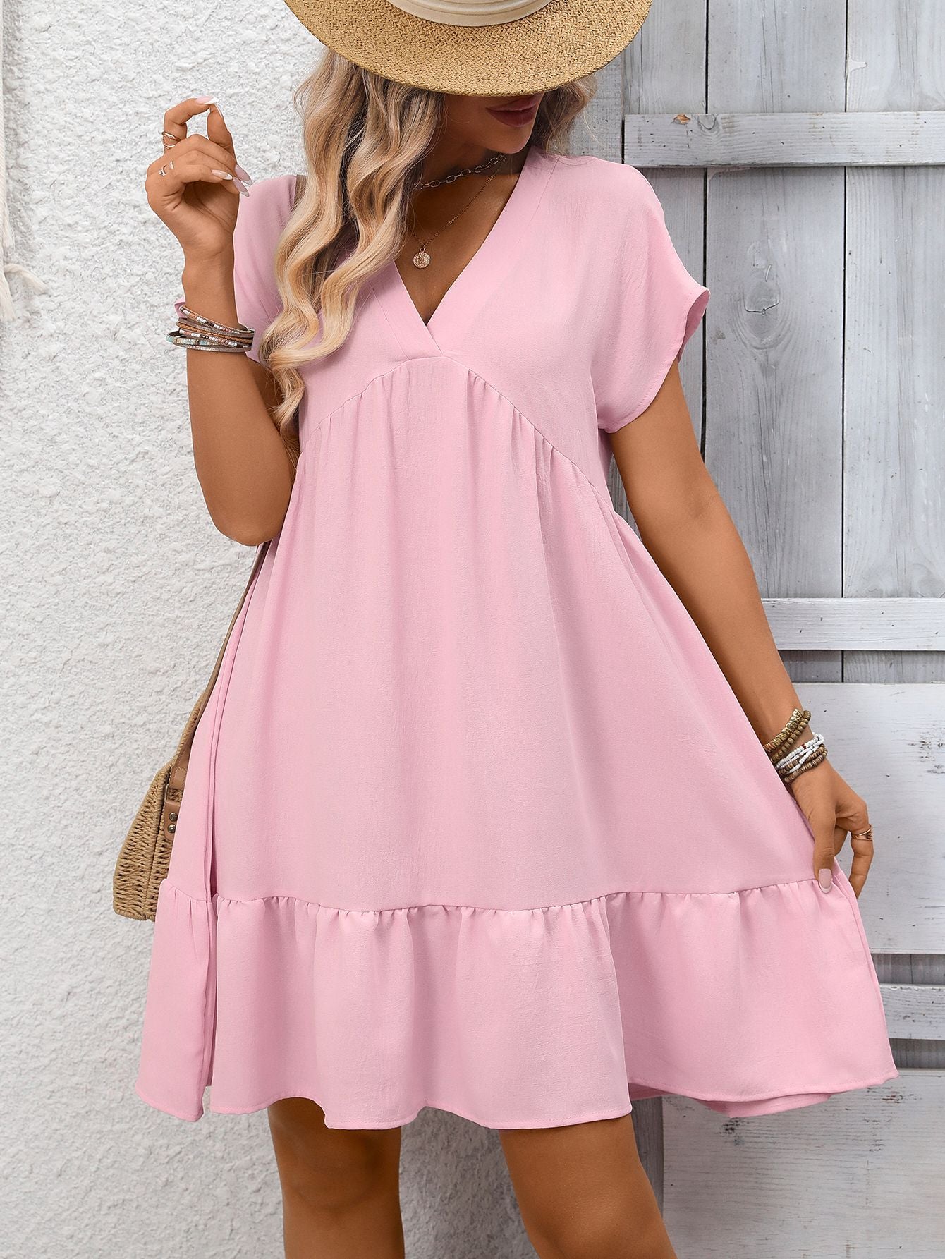 Women's Ruffle Sleeve V-Neck Mini Dress – Flowy Solid Summer Shift Dress product photo 4