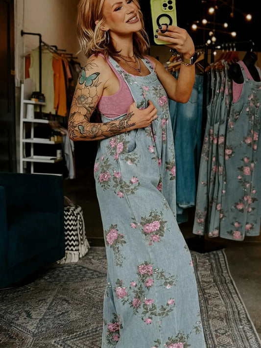 Beau Floral Print Pleated High Waist Wide Leg Denim Jumpsuit – product view 1