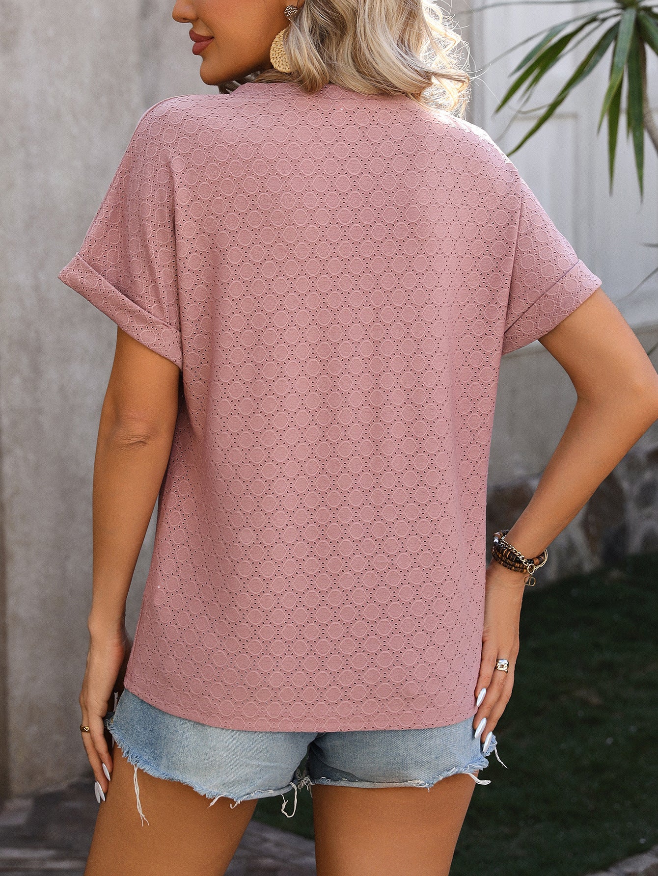 Women's Textured V-Neck Button Short Sleeve Top – Loose Fit Casual Summer Tee