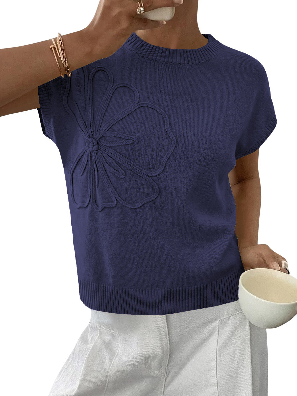 Women's Short Sleeve Business Casual Sweater | 3D Floral, Pullover, Tank Tops, Knit Vest,Work Top