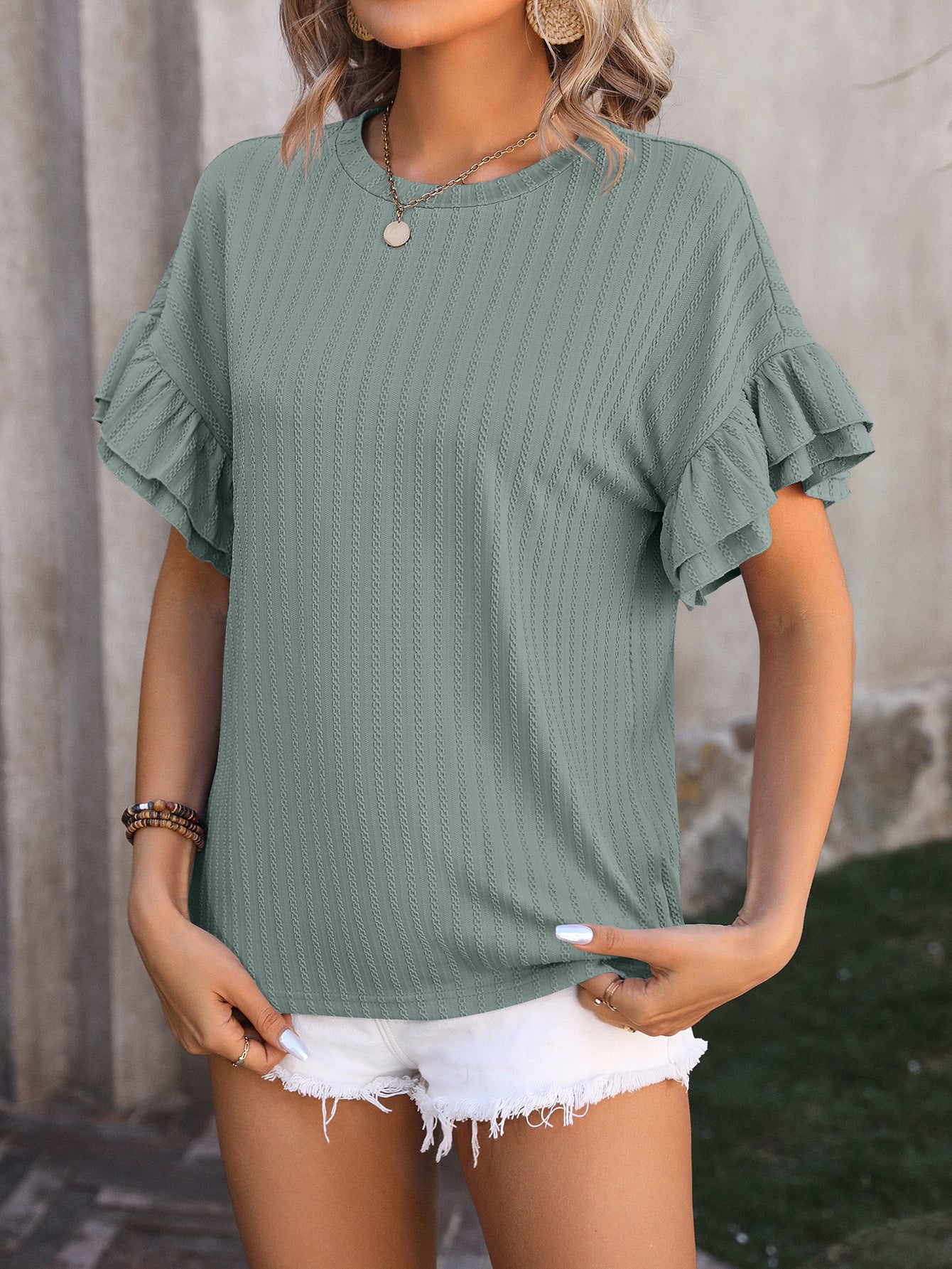 Women's Ruffle Sleeve Crew Neck T-Shirt – Relaxed Fit Short Sleeve Casual Summer Top with Solid Color Design