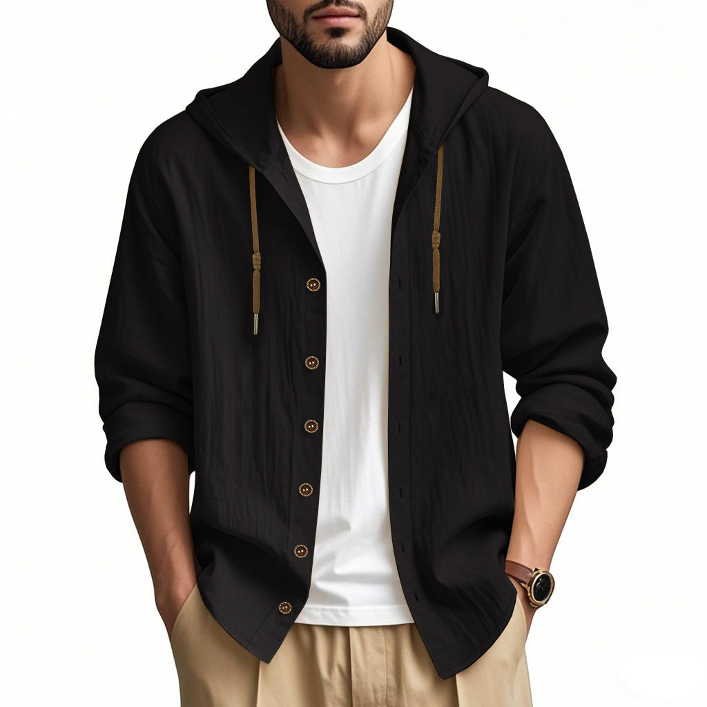 Men's 100% Cotton Hooded Long-Sleeve Shirt – Slim Drawstring Layer