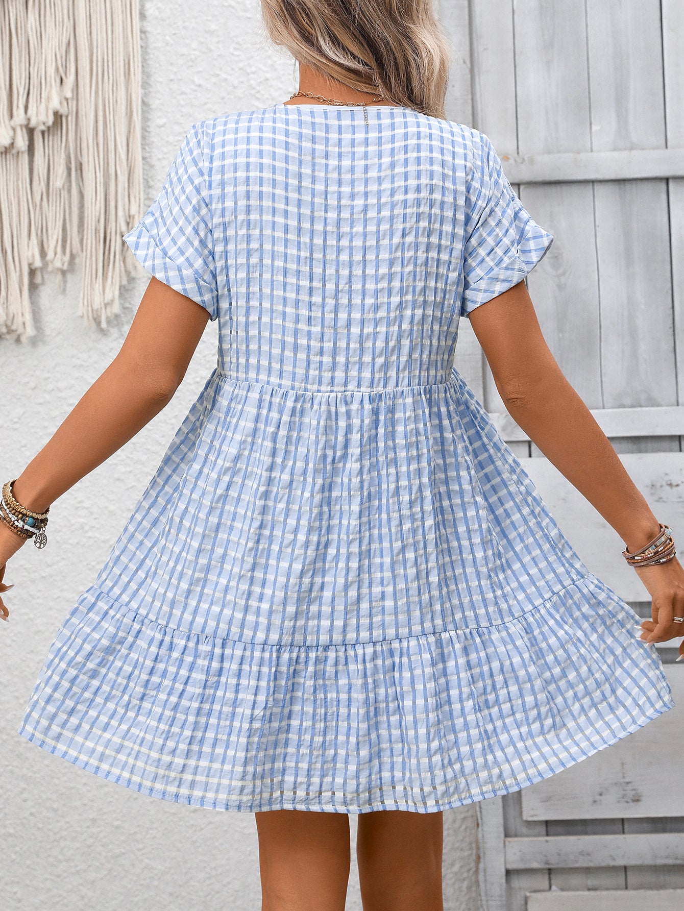 Women's Plaid Mini Dress – Loose Flowy Short Sleeve Summer Shift Dress