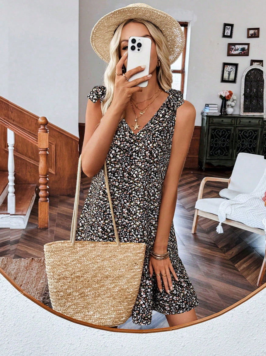 Women's Floral V-Neck Mini Dress – Sleeveless Ruffle Hem Summer Sundress