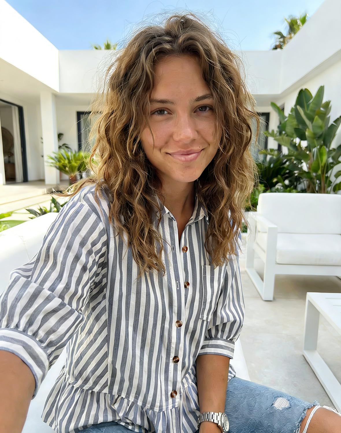 Women's Striped 3/4 Sleeve Button-Down Blouse – Ruffle Cuff Casual Shirt Vacation Outfits