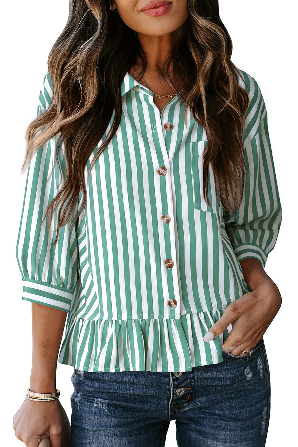 Women's Striped 3/4 Sleeve Button-Down Blouse – Ruffle Cuff Casual Shirt Vacation Outfits