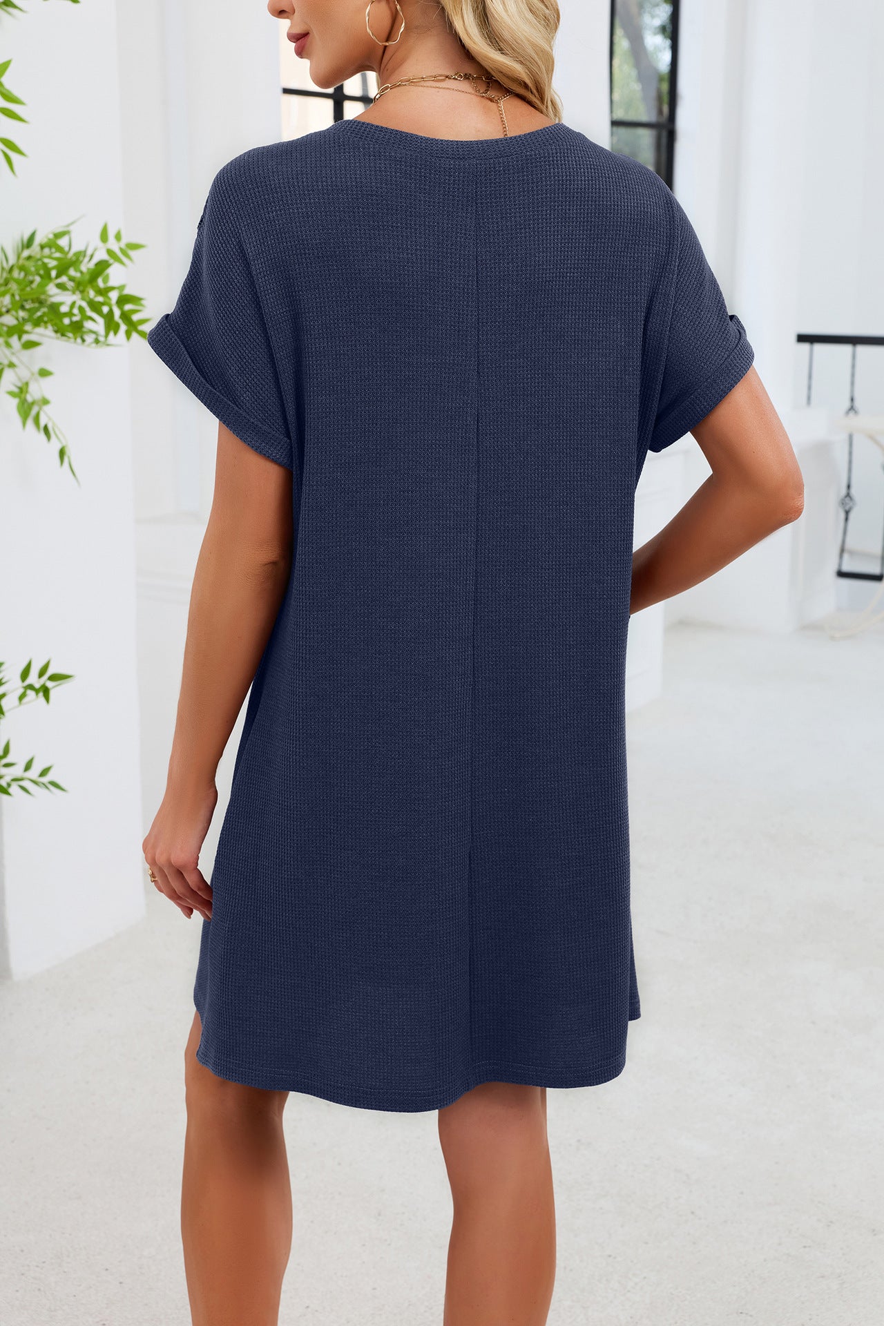 Women’s Solid Crew Neck Loose-Fit Short Sleeve Dress with Lace Paneling