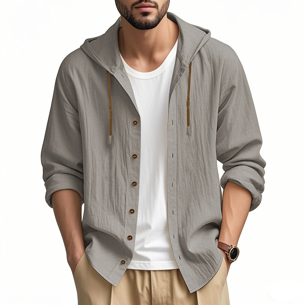 Men's 100% Cotton Hooded Long-Sleeve Shirt – Slim Drawstring Layer