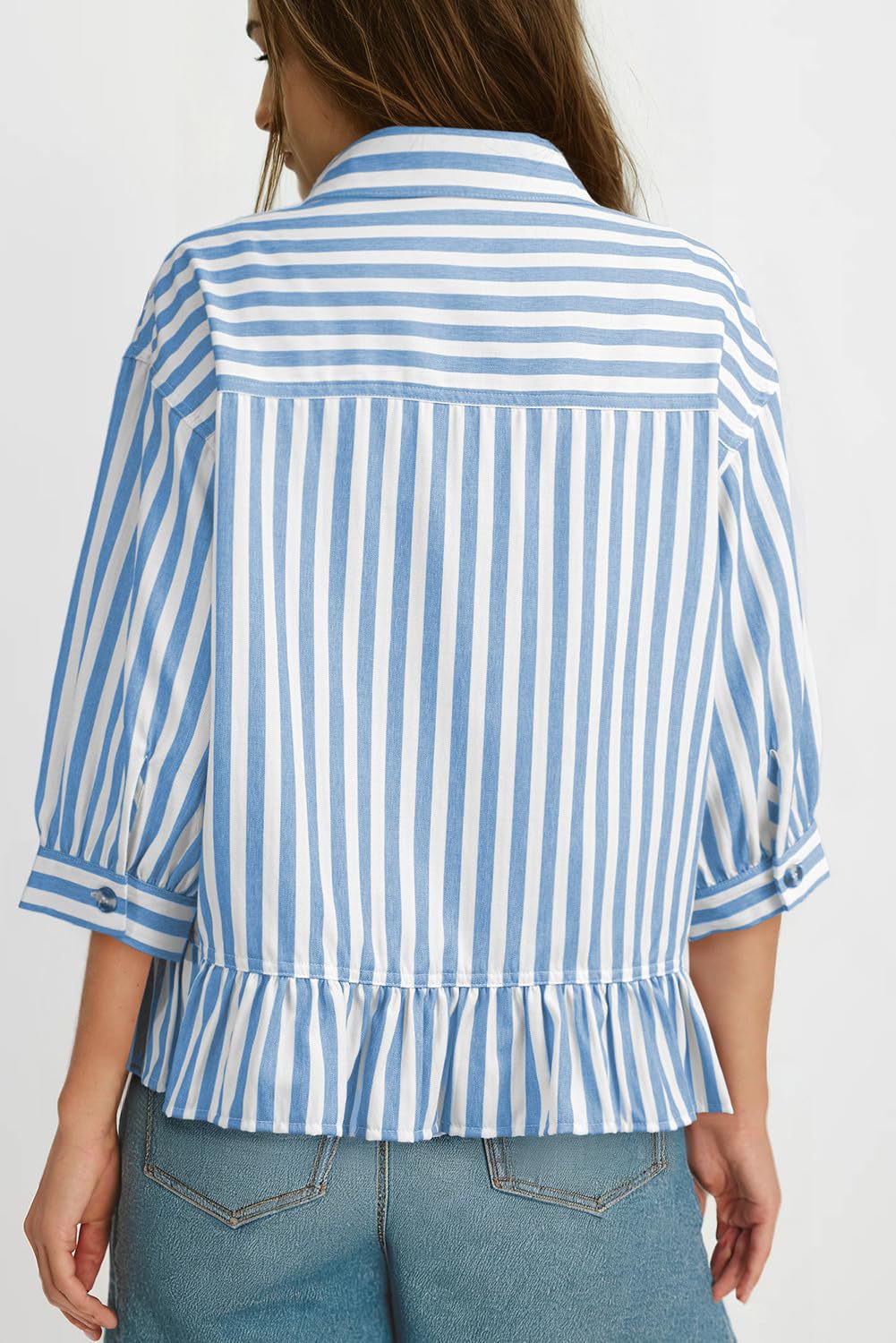 Women's Striped 3/4 Sleeve Button-Down Blouse – Ruffle Cuff Casual Shirt Vacation Outfits