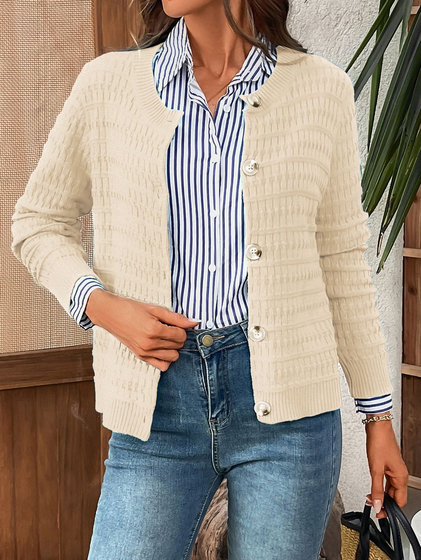 Women's Textured Button-Front Knit Cardigan – Crew Neck Long Sleeve Sweater Jacket