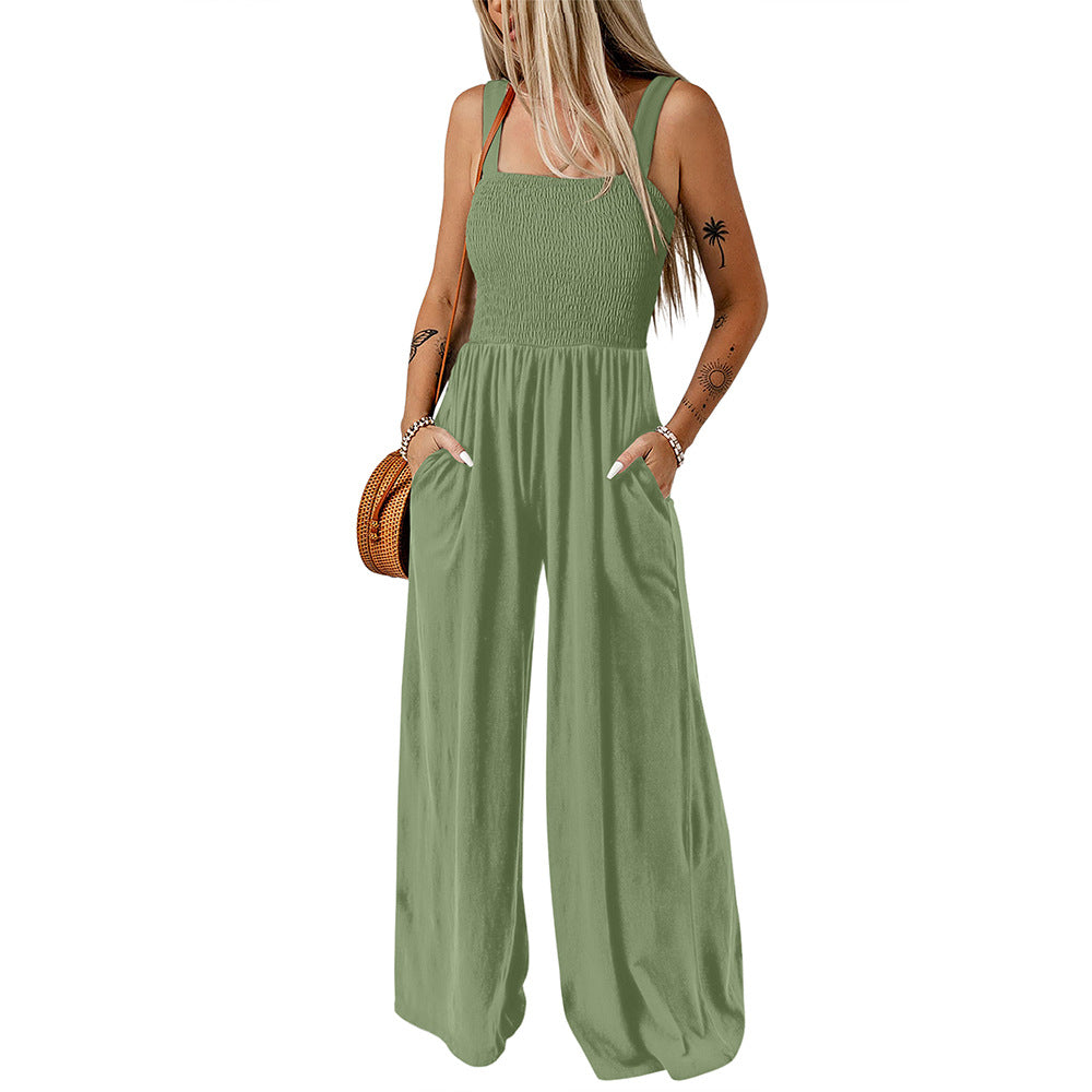 Women's Smocked Wide-Leg Jumpsuit – Sleeveless High-Waist Pocket Romper (Fashion Colors)
