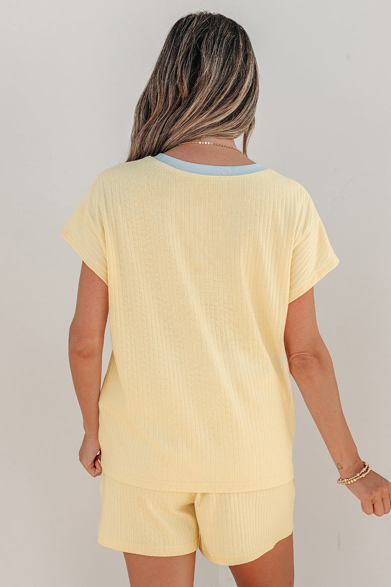 Women's Ribbed Two Piece Shorts Set – Color Block Short Sleeve Lounge Outfit