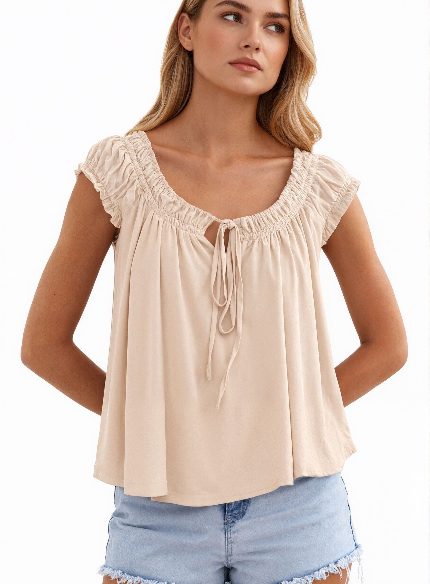 Women's Ruched Tie Front Tank Top – Sleeveless Babydoll Blouse with Scoop Neck Flowy Summer Peplum Top