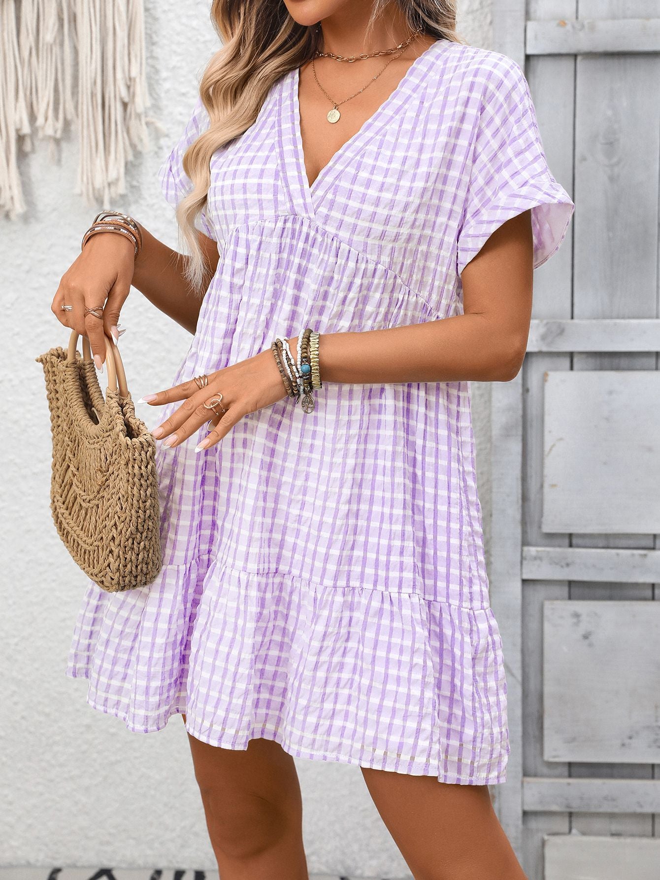 Women's Plaid Mini Dress – Loose Flowy Short Sleeve Summer Shift Dress