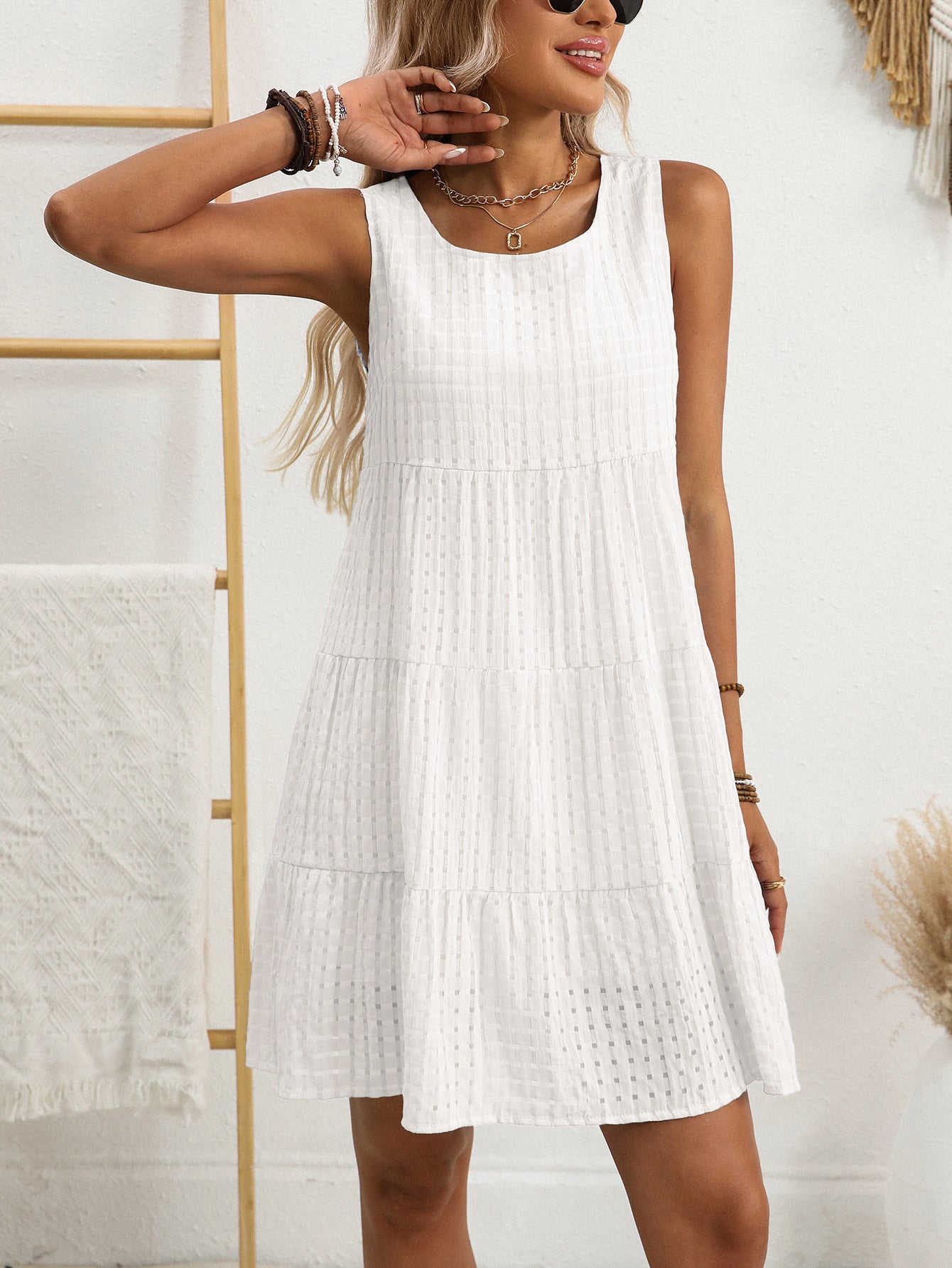 Women's Gingham Tiered Swing Dress – Sleeveless Loose Fit Summer Sundress