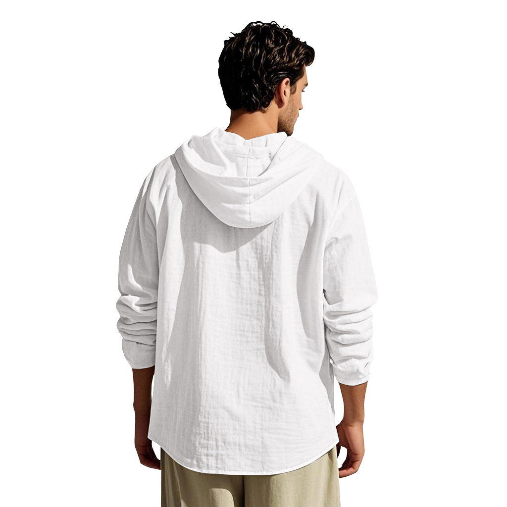 Men's 100% Cotton Hooded Long-Sleeve Shirt – Slim Drawstring Layer
