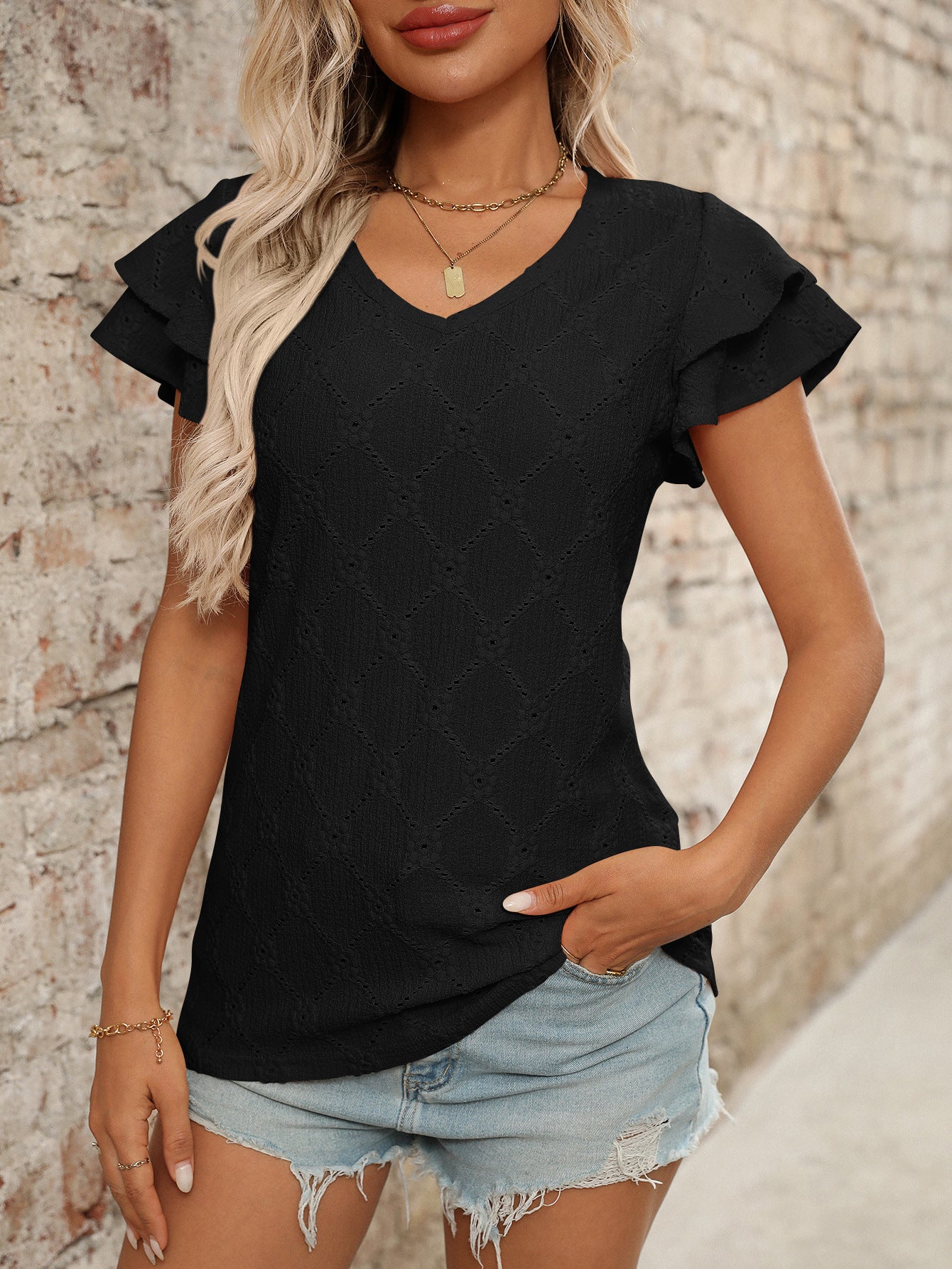 Women's Flutter Sleeve Textured Top – Loose Fit Summer Blouse
